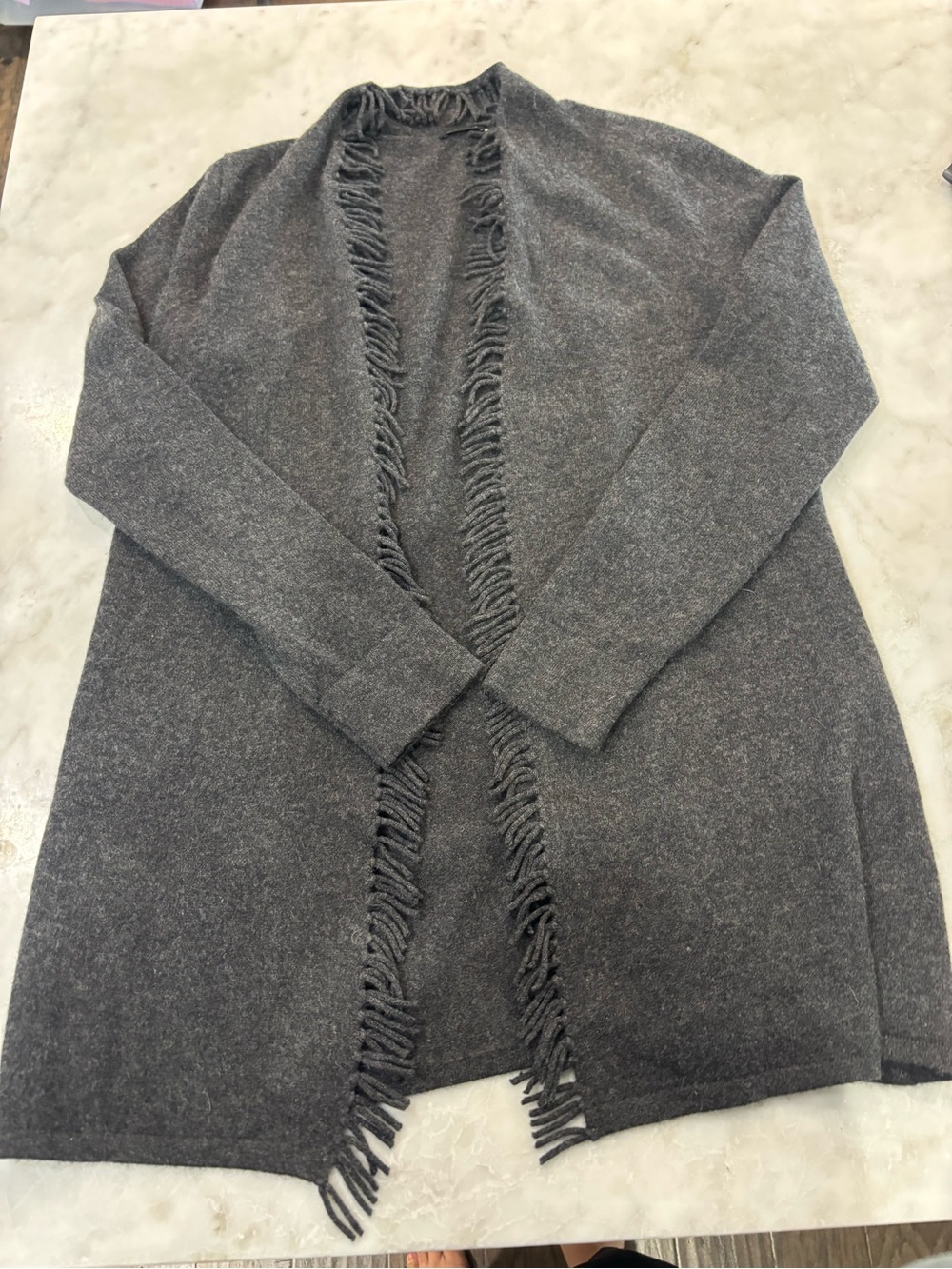 Magaschoni Cashmere Charcoal Gray Open-Front Fringe Cardigan